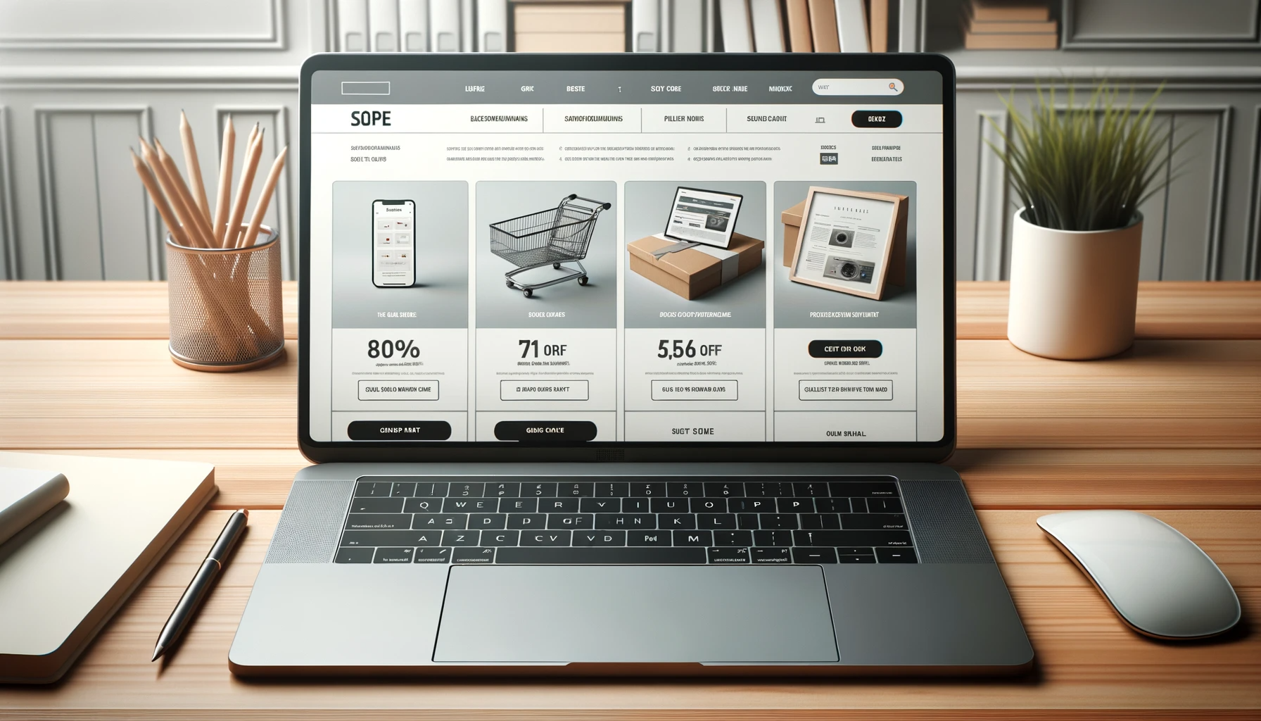 Realistična slika delovne površine z odprtim prenosnim računalnikom, ki prikazuje vmesnik spletne trgovine z izdelki, popusti in promocijami.