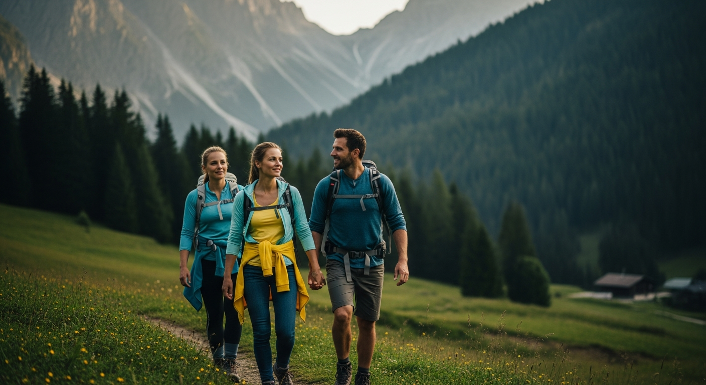 A couple hiking in hills in European Alps. There are mountains, grass and forests around them.